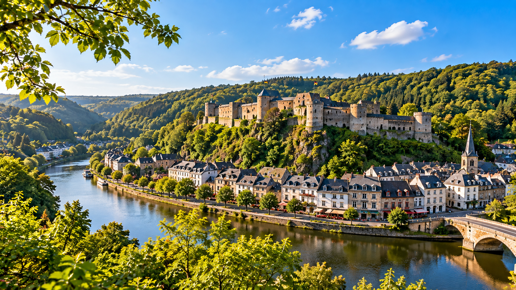 Uitzicht over Bouillon met het middeleeuwse kasteel en de rivier de Semois