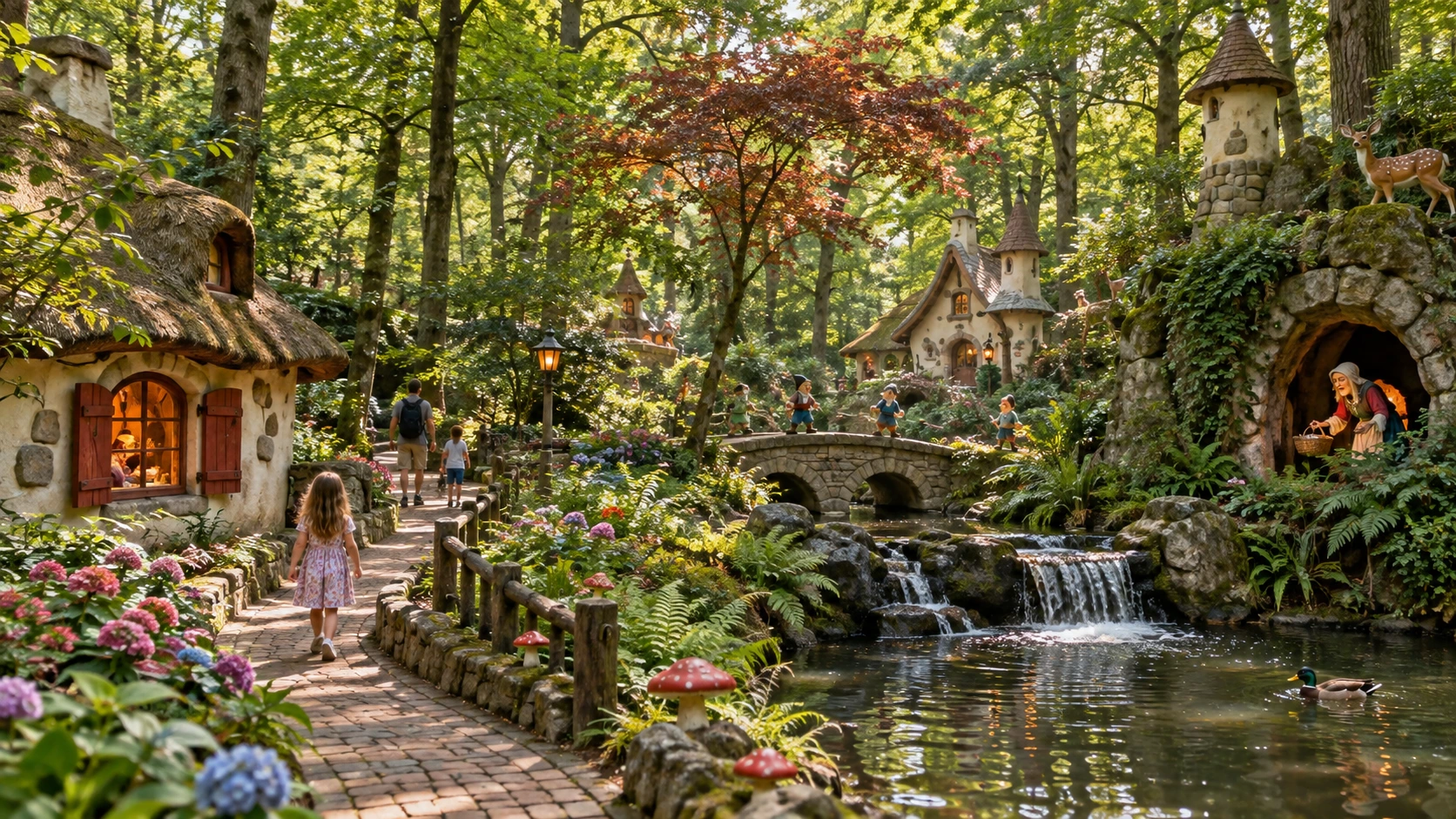 Sfeervolle impressie van de Efteling met sprookjesachtige sfeer en groen park