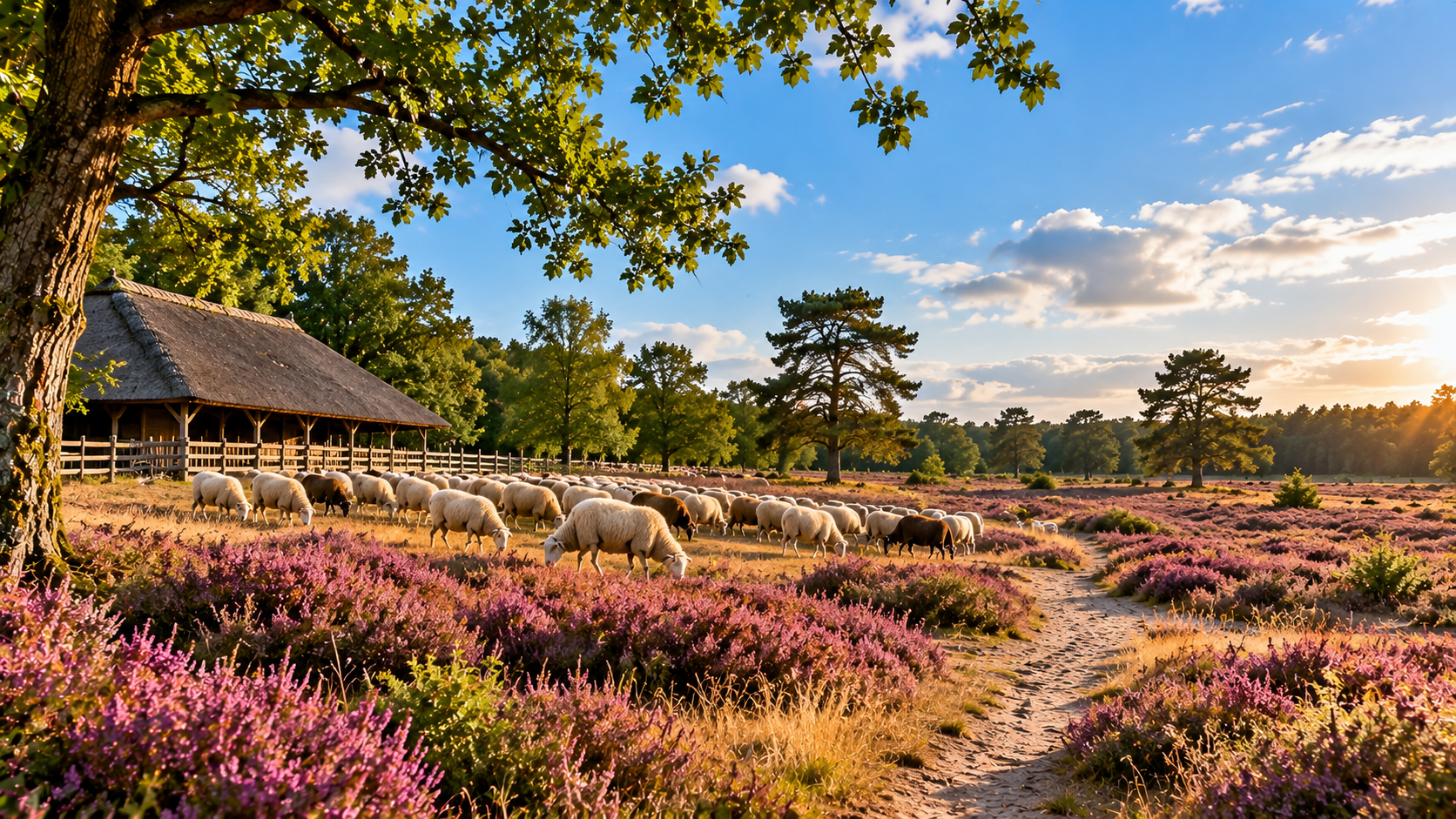 Schaapskudde en schaapskooi op de Ermelosche Heide bij Ermelo
