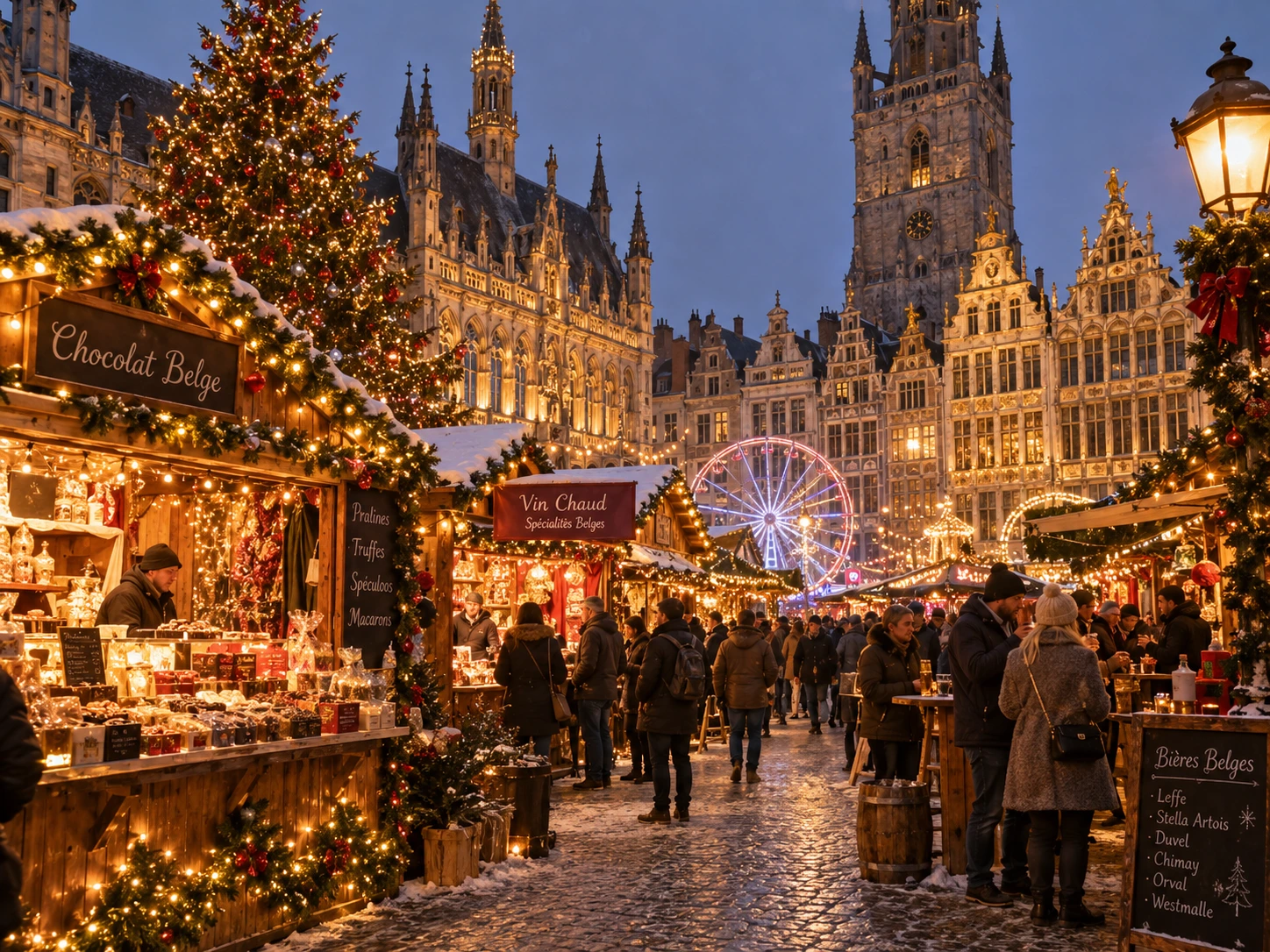 Kerstmarkt in België met verlichte historische gebouwen en kerstkraampjes