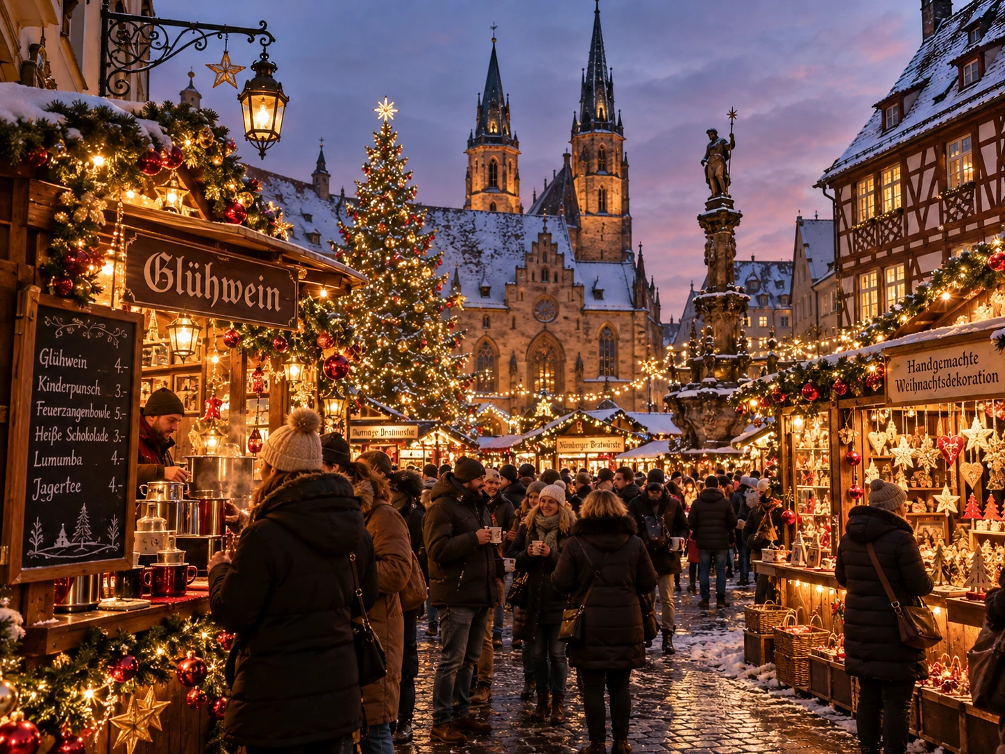 Traditionele Duitse kerstmarkt met houten kraampjes en veel kerstverlichting