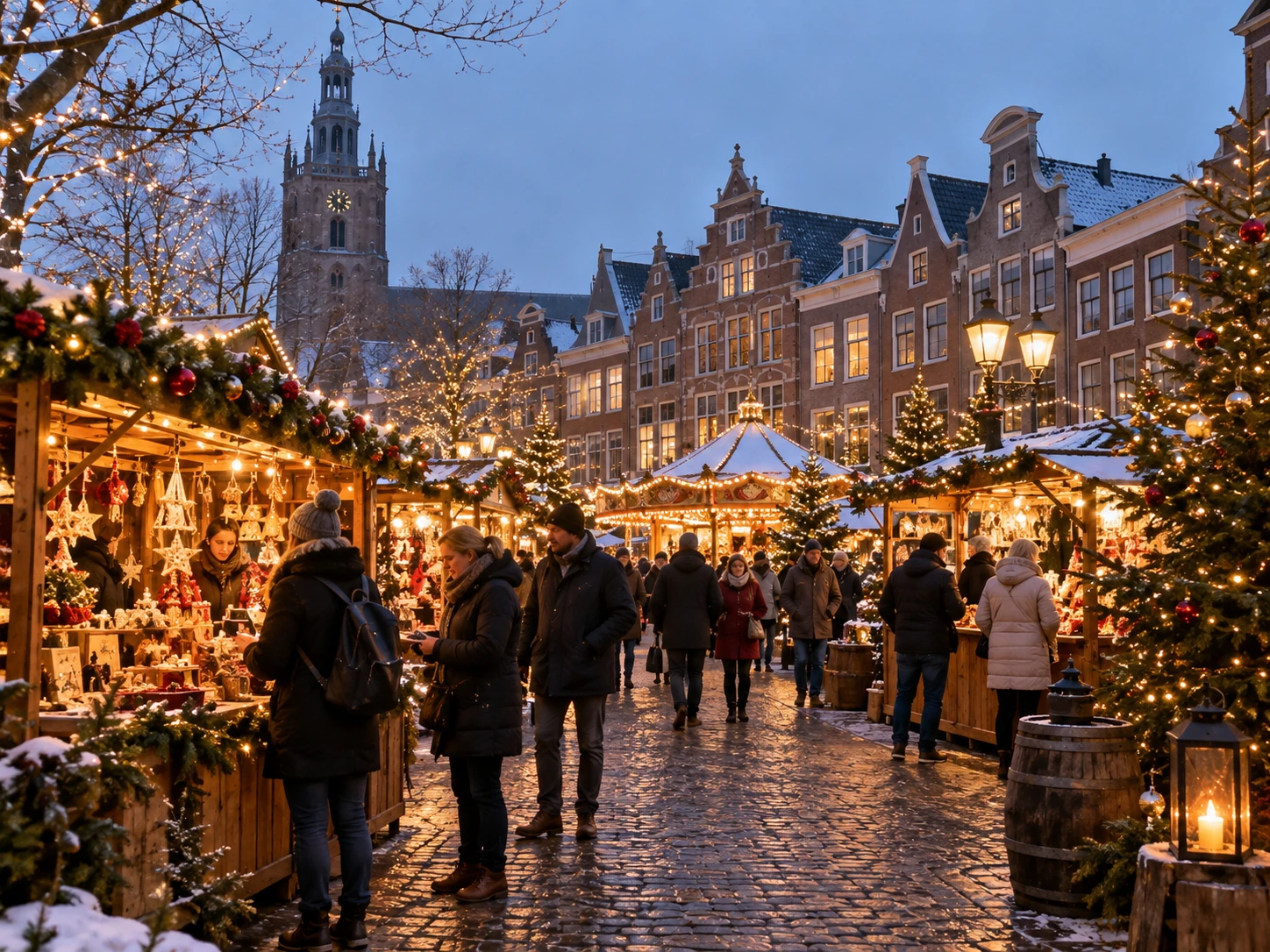 Sfeervolle kerstmarkt in Nederland met kerstverlichting en houten kraampjes