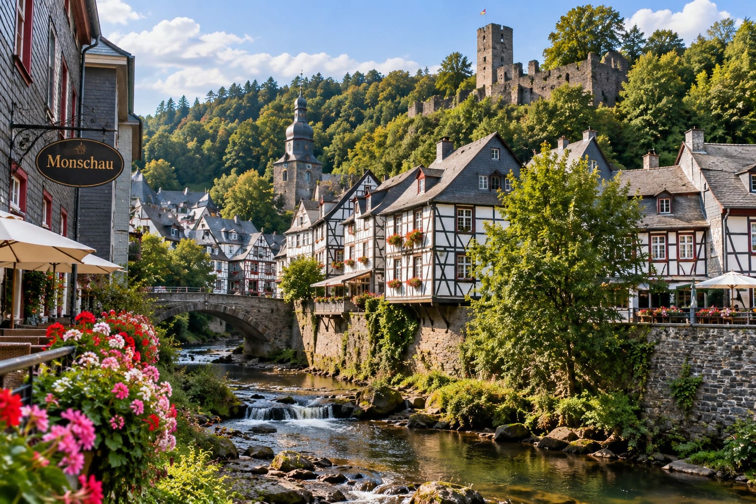 Monschau in de Duitse Eifel met historische vakwerkhuizen en de rivier de Rur